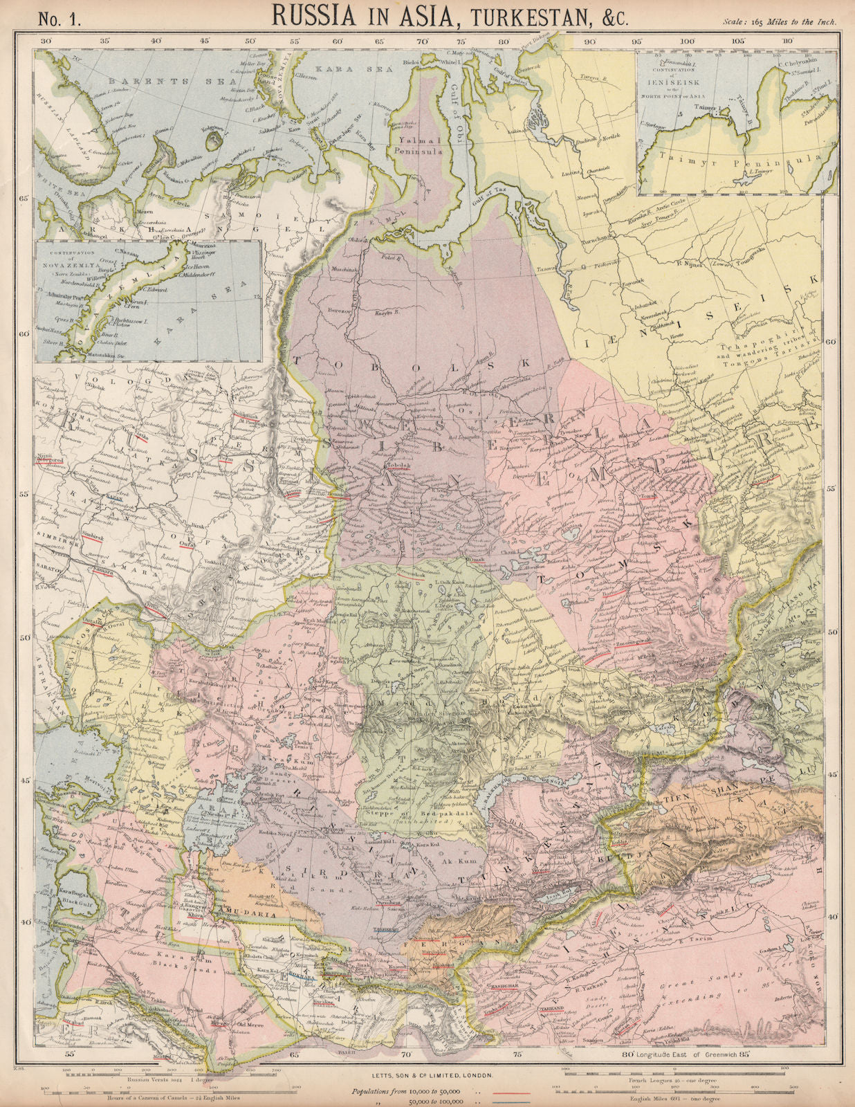 CENTRAL ASIA. Bokhara Russian Turkestan Tomsk Great Horde Turgan. LETTS 1889 map